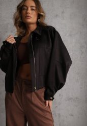 Czarna Kurtka Bomberka Oversize z Paskami przy Rękawach Lann. Czarne kurtki damskie Renee, na wiosnę, l, bez wzorów, z jeansu, bez kaptura. Za 189.99 zł.