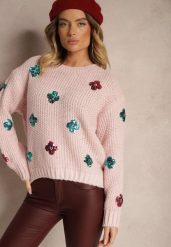 Jasnoróżowy Sweter z Wiskozą Zdobiony Cekinowymi Aplikacjami z Kwiatami Edalora. Czerwone swetry damskie Renee, l, z aplikacjami, z jeansu, casualowe, bez kołnierzyka, bez ramiączek, długie, bez kaptura. Za 84.99 zł.