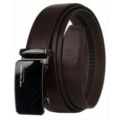 Pasek męski ze skóry naturalnej w ciemnobrązowym kolorze z automatyczną, czarną klamrą Peterson PTN A014 D.BROWN. Brązowe paski damskie Peterson, bez wzorów, ze skóry, eleganckie. Za 89.99 zł.