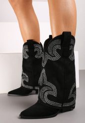 Czarne Botki Kowbojki na Obcasie z Wywiniętą Nogawką Ozdobione Cyrkoniami Eviora. Czarne kozaki damskie Born2be, z jeansu, bez obcasa, na obcasie. Za 99.99 zł.