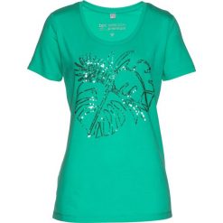 T-shirt z cekinami bonprix zielony oceaniczny. Zielone bluzki damskie bonprix, bez wzorów, bez kołnierzyka, bez ramiączek. Za 79.99 zł.