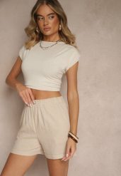 Jasnobeżowe Casualowe Szorty z Lnem z Gumką w Pasie i Kieszeniami Filionella. Brązowe szorty damskie Renee, na lato, l, bez wzorów, eleganckie. Za 54.99 zł.