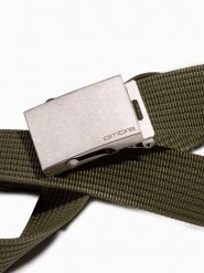 Pasek męski parciany z klamrą w kolorze postarzonego srebra – khaki A029 - uniwersalny. Brązowe paski damskie Ombre Clothing, bez wzorów, z jeansu. Za 41.99 zł.