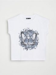 Koszulka z nadrukiem i ozdobnymi cyrkoniami - biały. Białe t-shirty damskie Sinsay, l, bez wzorów, bez kołnierzyka. Za 25.99 zł.