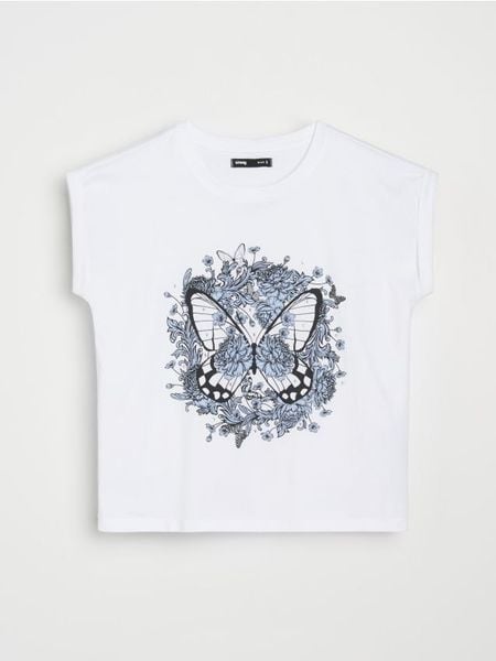 Koszulka z nadrukiem i ozdobnymi cyrkoniami - biały. Białe t-shirty damskie Sinsay, l, bez wzorów, bez kołnierzyka. Za 25.99 zł.