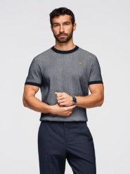 Koszulka męska bawełniana ze strukturalnej dzianiny - granatowa V2 - Rozmiar: XXL. Niebieskie t-shirty męskie Ombre Clothing, m, bez wzorów, z bawełny, biznesowe, bez kołnierzyka. Za 209.99 zł.