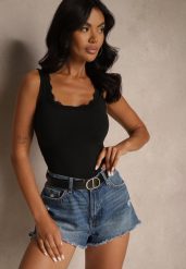 Czarny Top z Bawełny o Dopasowanym Kroju na Ramiączkach z Koronką Linavea. Czarne bluzki damskie Renee, l, bez wzorów, z bawełny, eleganckie, bez kołnierzyka, bez ramiączek. Za 54.99 zł.