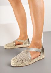 Złote Plecione Espadryle z Ozdobnymi Paskami Morithia. Żółte espadryle damskie Renee, na lato, bez wzorów, eleganckie, bez obcasa, na płaskiej podeszwie, bez zapięcia. Za 74.99 zł.