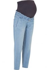 Dżinsy ciążowe z bawełny organicznej ze stretchem i zwężonymi nogawkami. Niebieskie jeansy damskie bonprix, moda ciążowa. Za 147.99 zł.