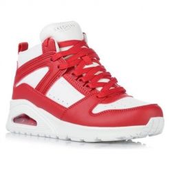 Buty do chodzenia damskie Skechers Uno high Regards. Czerwone obuwie sportowe damskie Skechers, z aplikacjami, z jeansu, trekkingowe. Za 378.00 zł.