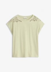 T-shirt z szydełkową wstawką. Brązowe bluzki damskie bonprix, bez wzorów, eleganckie, bez kołnierzyka, bez ramiączek. Za 59.99 zł.