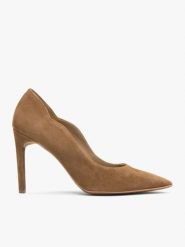 Brązowe czółenka ze skóry licowej na szpilce. Brązowe czółenka damskie Ryłko, bez wzorów, z gumy, eleganckie, bez obcasa, na szpilce, bez zapięcia. Za 399.99 zł.