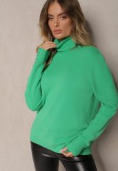 Zielony Pudełkowy Golf z Wiskozą Ozdobiony Guzikami przy Rękawach Tiarose. Zielone swetry damskie Renee, l, bez wzorów, z jeansu, eleganckie, bez kołnierzyka, bez ramiączek, bez kaptura. Za 59.99 zł.