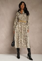 Beżowa Koszulowa Sukienka Snake Print z Wiskozą i Paskiem Bririn. Brązowe sukienki damskie Renee, na co dzień, l, z aplikacjami, ze skóry, bez kołnierzyka, bez ramiączek, midi, koszulowe. Za 139.99 zł.