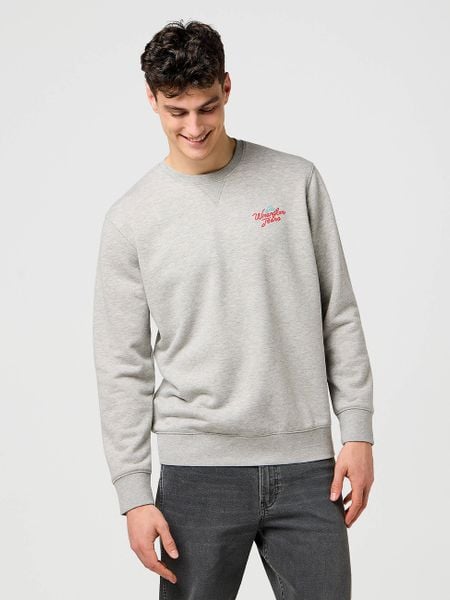 MĘSKA BLUZA WRANGLER SMALL GRAPHIC CREW MID GREY MEL 112371516. Szare bluzy męskie Wrangler, l, bez wzorów, bez kaptura. Za 189.99 zł.