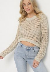 Beżowy Sweter Ażurowy o Krótkim Kroju z Metaliczną Nitką Pilliselia. Brązowe swetry damskie Born2be, na wiosnę, m, w ażurowe wzory, z jeansu, bez kołnierzyka, bez ramiączek, długie, bez kaptura. Za 109.99 zł.