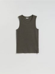 Tank top z wiskozą - ciemnozielony. Zielone t-shirty męskie Reserved, l, bez wzorów, z dzianiny, bez kołnierzyka. Za 49.99 zł.