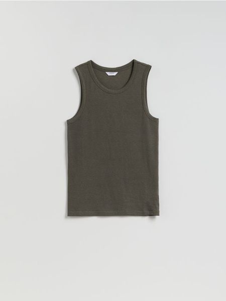 Tank top z wiskozą - ciemnozielony. Zielone t-shirty męskie Reserved, l, bez wzorów, z dzianiny, bez kołnierzyka. W wyprzedaży za 35.99 zł.