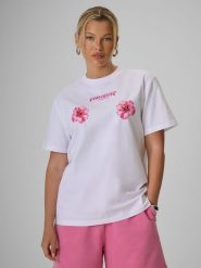 4F T-shirt loose z nadrukiem damski - biały S. Białe koszulki sportowe damskie 4f, s, bez wzorów, z bawełny, bez kołnierzyka, bez ramiączek. Za 79.99 zł.