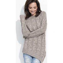 Cappuccino Melanżowy Sweter z Ozdobnymi Warkoczami. Szare swetry damskie Molly.pl, uniwersalny, bez wzorów, z dzianiny, z asymetrycznym kołnierzem, bez ramiączek, bez kaptura. Za 107.90 zł.