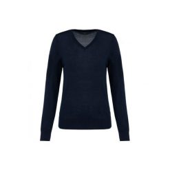 Damski sweter z merynosów z dekoltem v-neck Kariban Premium. Niebieskie swetry damskie KARIBAN, na zimę, bez wzorów, z wełny, eleganckie, bez kołnierzyka, bez ramiączek, bez kaptura. Za 297.00 zł.