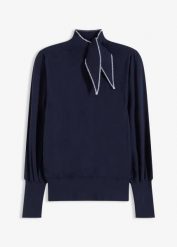 Sweter z mieszanki wiskozy. Niebieskie swetry damskie bonprix, bez wzorów, z wiskozy, eleganckie, bez kołnierzyka, bez ramiączek, bez kaptura. Za 124.99 zł.