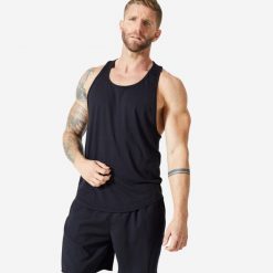 Koszulka do treningu siłowego męska Domyos Stringer bez rękawów. Czarne buty sportowe męskie DOMYOS, z materiału, bez zapięcia, na fitness i siłownię. Za 49.99 zł.
