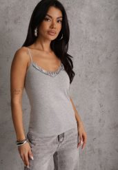 Ciemnoszary Bieliźniany Top na Ramiączkach z Bawełny Zdobiony Koronką Bernelle. Szare koszule damskie Renee, m, z aplikacjami, z bawełny, bez kołnierzyka, bez ramiączek. Za 39.99 zł.