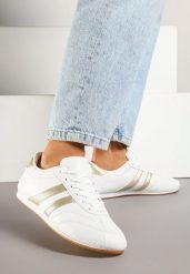 Biało-Złote Sznurowane Sneakersy w Stylu Tenisówek Liavessa. Białe obuwie sportowe damskie Born2be, bez wzorów, z jeansu, tenisowe. Za 84.99 zł.