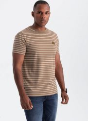 Ombre T-shirt męski w paski z naszywką Ombre Design brązowo-biały V7 OM-TSCT-0183 M. Białe t-shirty męskie Ombre, m, z aplikacjami, bez kołnierzyka. Za 89.99 zł.