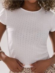 Koszulka z ażurowym wzorem - kremowy. Białe t-shirty damskie Sinsay, l, w ażurowe wzory, bez kołnierzyka. Za 25.99 zł.