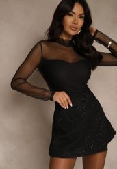 Czarne Cekinowe Spódnico-Szorty z Wełną Fedalia. Czarne szorty damskie Renee, l, z aplikacjami, z wełny. Za 129.99 zł.