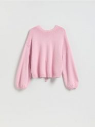 Sweter z wiązaniem z tyłu - różowy. Czerwone swetry damskie Reserved, l, bez wzorów, z bawełny, bez kołnierzyka, bez ramiączek, bez kaptura. Za 129.99 zł.