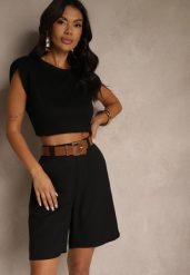 Czarne Szorty z Wiskozą w Eleganckim Stylu z Paskiem z Klamrą Aravene. Czarne szorty damskie Renee, l, bez wzorów, z materiału, eleganckie, z podwyższonym stanem. Za 89.99 zł.