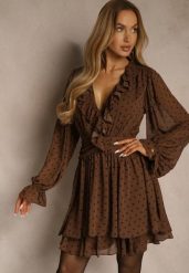 Brązowa Rozkloszowana Sukienka z Siateczki w Groszki z Falbankami Nesiba. Brązowe sukienki damskie Renee, na spotkanie biznesowe, l, bez wzorów, z poliesteru, bez kołnierzyka, bez ramiączek, mini, rozkloszowane. Za 159.99 zł.