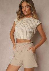 Beżowe Szorty z Bawełną High Waist z Ozdobnym Sznurkiem Axemia. Brązowe szorty sportowe damskie Renee, na lato, m, bez wzorów, z bawełny, eleganckie, z podwyższonym stanem, trekkingowe. Za 44.99 zł.