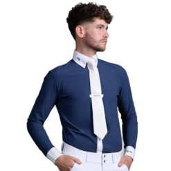 Zawodnicza koszulka polo z długim rękawem Premier Equine Rubato. Niebieskie bluzki z długim rękawem męskie PREMIER EQUINE, m, bez wzorów, z bawełny, eleganckie, bez kołnierzyka. Za 325.00 zł.