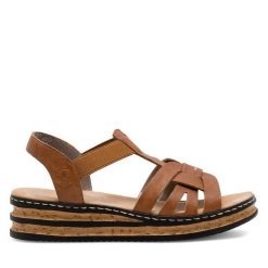 Sandały Rieker. Brązowe sandały damskie Rieker, bez wzorów, bez obcasa, na koturnie, bez zapięcia. Za 299.99 zł.