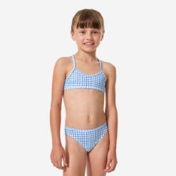 Kostium kąpielowy dwuczęściowy dla dzieci Decathlon Boni Vichy. Niebieskie stroje kąpielowe dla dziewczynek Decathlon, bez wzorów, z elastanu. Za 44.99 zł.