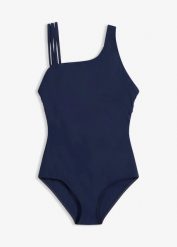 Kostium kąpielowy shape z lekko modelującego materiału, fason na jedno ramię. Niebieskie kostiumy jednoczęściowe damskie bonprix, bez wzorów. Za 114.99 zł.