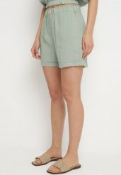 Zielone Klasyczne Szorty z Lnem z Gumką w Talii i Kieszeniami Filarenea. Zielone szorty damskie Born2be, l, bez wzorów, eleganckie. Za 49.99 zł.