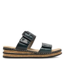 Klapki Rieker. Niebieskie klapki damskie Rieker, bez wzorów, bez obcasa. Za 299.99 zł.