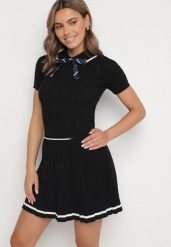 Czarny Komplet ze Sweterkiem z Odpinaną Kokardką i Spódniczką w Stylu Mundurka Jorilne. Czarne spódnice damskie Born2be, uniwersalny, bez wzorów, eleganckie. Za 169.99 zł.