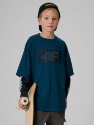 4F T-shirt loose z nadrukiem chłopięcy - turkusowy 122/128 (6-8 lat). Niebieskie t-shirty dla chłopców 4f, bez wzorów, z bawełny, bez ramiączek. Za 49.99 zł.