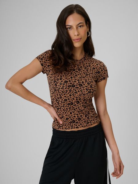 4F T-shirt slim z nadrukiem damski - brązowy M. Brązowe t-shirty damskie 4f, m, bez wzorów, z dzianiny, klasyczne, bez kołnierzyka. Za 59.99 zł.