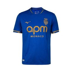 Koszulka wyjazdowa AS Monaco 2025/26. Niebieskie koszulki sportowe męskie Mizuno, bez wzorów, bez kołnierzyka, bez ramiączek, do piłki nożnej. Za 469.50 zł.