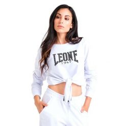 Luksusowa damska bluza wiązana z okrągłym dekoltem. Białe bluzy damskie LEONE 1947 APPAREL, l, bez wzorów, z tkaniny, bez kaptura. Za 105.21 zł.