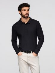 Longsleeve męski z kołnierzykiem polo BASIC – czarny V2 - Rozmiar: M. Czarne bluzki z długim rękawem męskie Ombre Clothing, m, bez wzorów, z bawełny, biznesowe, bez kołnierzyka. Za 169.99 zł.