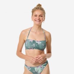 Góra kostiumu kąpielowego surfingowego damska Decathlon Laura Numea. Brązowe bikini damskie Decathlon, bez wzorów. Za 59.99 zł.