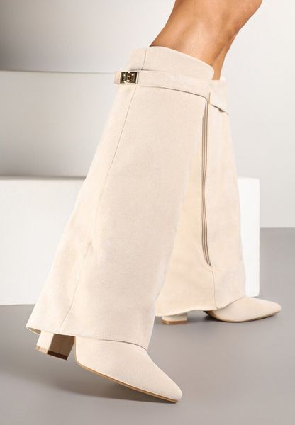 Beżowe Kozaki na Słupku z Wywiniętą Cholewką Gafsena. Brązowe kozaki damskie Born2be, z jeansu, bez obcasa, na obcasie. Za 159.99 zł.